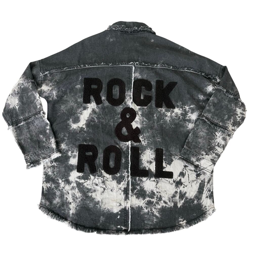 Grunge Bleached Denim Shacket Rock & Roll Raw Hem Oversized Jacket Spell Out M